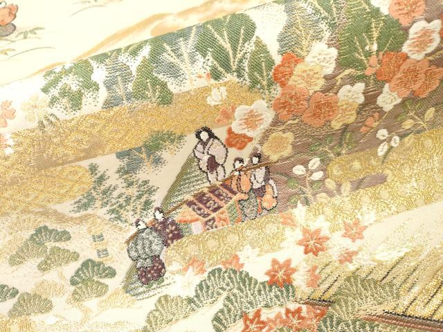 平和屋本店▼六通柄袋帯 唐織 人物風景 朱金錦 本金重ね 正絹 逸品 DABI7835fe
