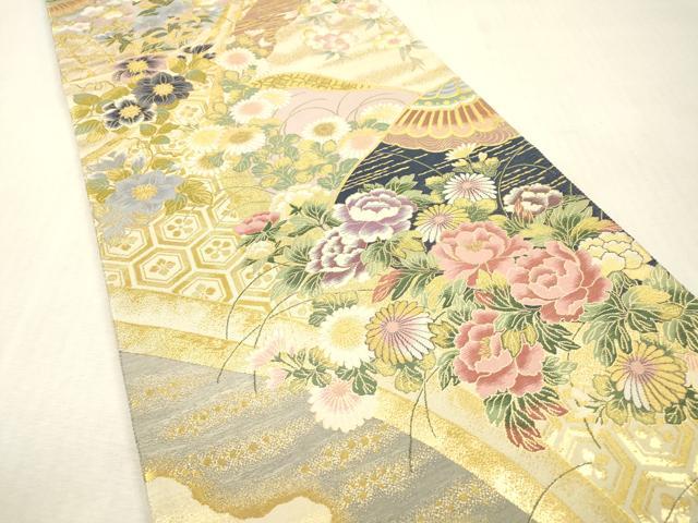平和屋本店▼六通柄袋帯 紹巴 加賀漢方染 吉祥花文 本金箔 正絹 逸品 DABI7854fe