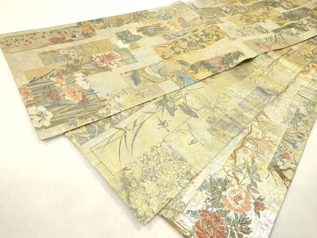 平和屋本店▼極上 西陣あさぎ 両面 全通全景柄袋帯 近代花鳥画 日本美術名鑑 24金プラチナ二重箔 正絹 逸品 DABI7865fe