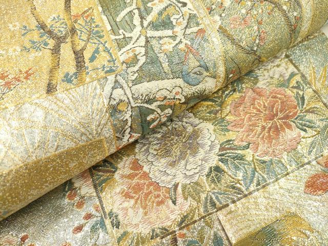 平和屋本店▼極上 西陣あさぎ 両面 全通全景柄袋帯 近代花鳥画 日本美術名鑑 24金プラチナ二重箔 正絹 逸品 DABI7865fe