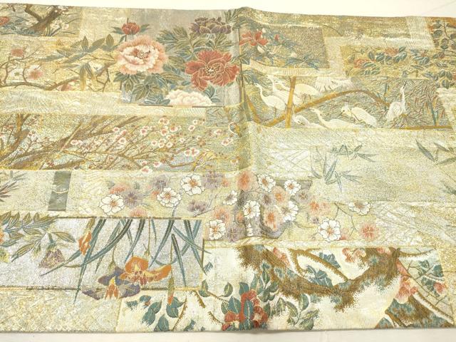 平和屋本店▼極上 西陣あさぎ 両面 全通全景柄袋帯 近代花鳥画 日本美術名鑑 24金プラチナ二重箔 正絹 逸品 DABI7865fe