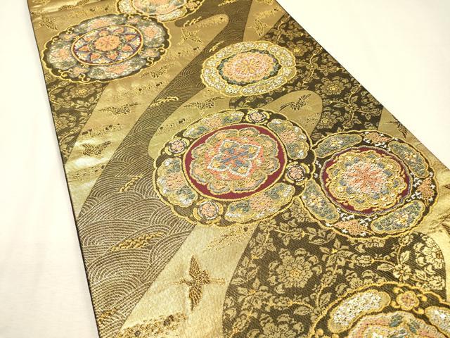 平和屋着物▼六通柄袋帯 流水花絵皿文 金糸 正絹 逸品 DABI7925fe
