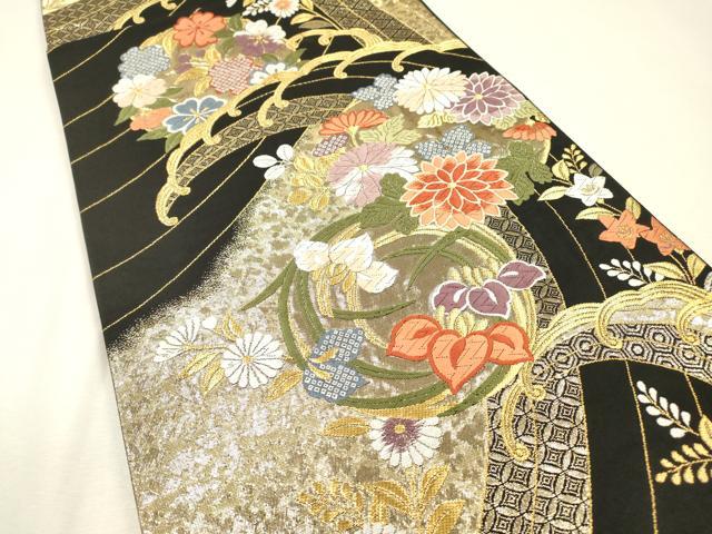 平和屋着物▼六通柄袋帯 唐織 立波花丸文 黒地 金糸 正絹 逸品 DABI7941fe