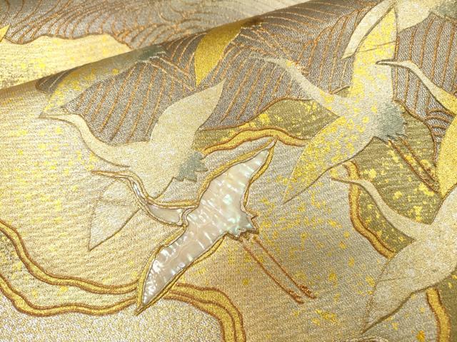 平和屋着物▼太鼓柄袋帯 螺鈿 飛鶴文 金銀彩 引箔 正絹 逸品 DABI7945fe