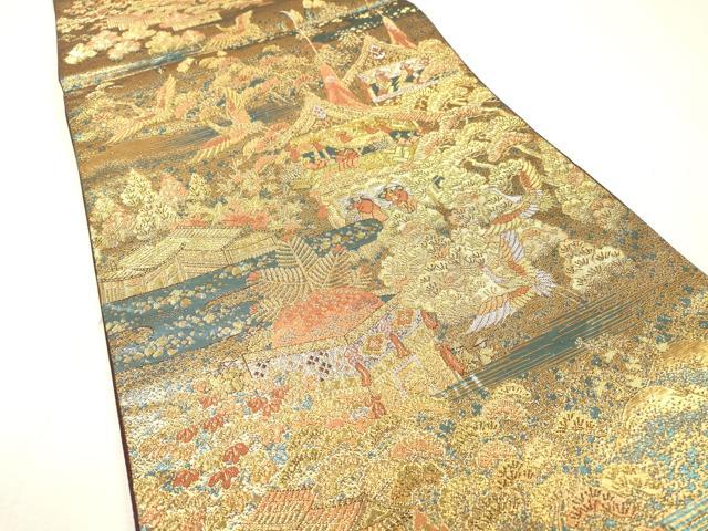 平和屋着物▼六通柄袋帯 人物風景飛鶴文 金銀糸 正絹 逸品 DABI7954fe