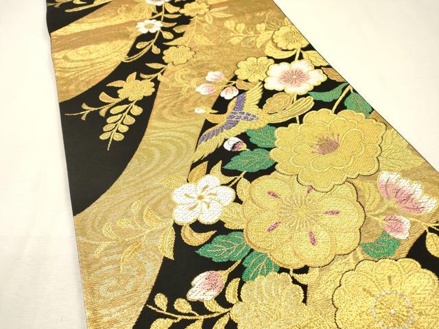 平和屋着物▼六通柄袋帯 唐織 花鳥文 黒地 金糸 正絹 逸品 DABI7962fe