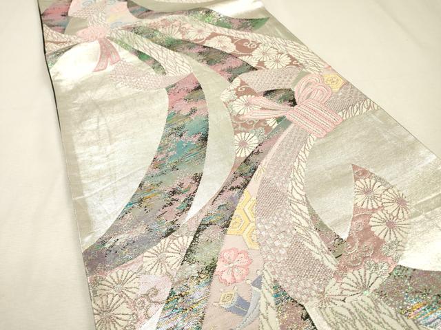 平和屋着物▼六通柄袋帯 唐織 宝尽くし束ね熨斗花文 銀糸 正絹 逸品 DABI7969fe