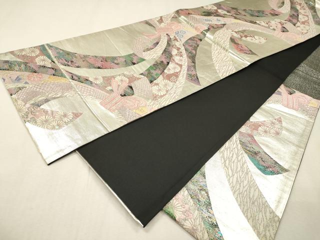 平和屋着物▼六通柄袋帯 唐織 宝尽くし束ね熨斗花文 銀糸 正絹 逸品 DABI7969fe