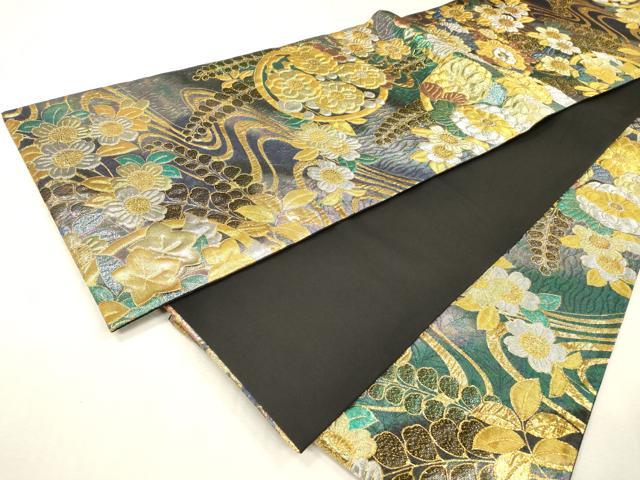 平和屋着物▼六通柄袋帯 ふくれ織 流水花丸文 金銀糸 正絹 逸品 DABI7989fe