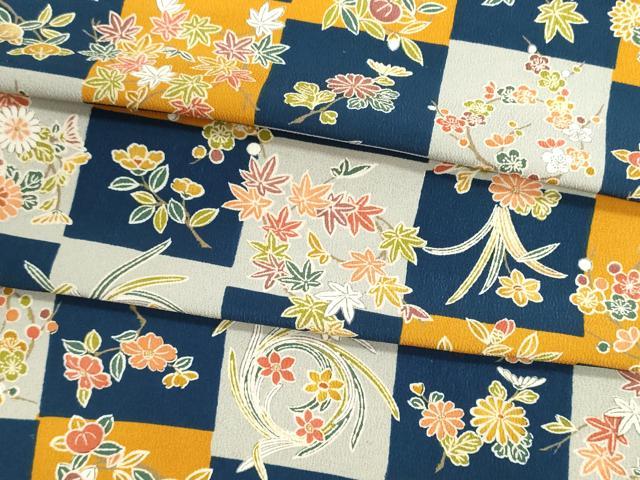 平和屋着物▼端切れ ハギレ 反物 市松草花丸文 金彩 リメイク生地 材料 逸品 未使用 DABI8123we