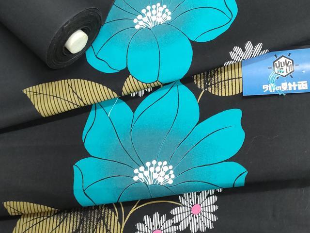 平和屋着物*夏物 浴衣 反物 着尺 草花文 黒地 綿 未使用 DABI8154we