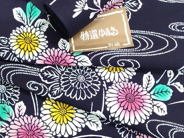 平和屋着物*夏物 浴衣 反物 着尺 注染 流水菊文 綿 逸品 未使用 DABI8303we