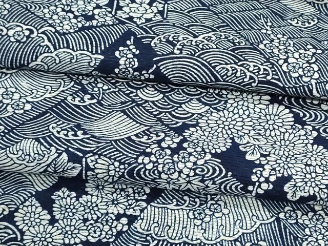 平和屋着物∴夏物 浴衣 反物 着尺 綿絽 無形文化財長板本染 正藍別染 流水花文 証紙付き 綿 逸品 未使用 DABI8503we
