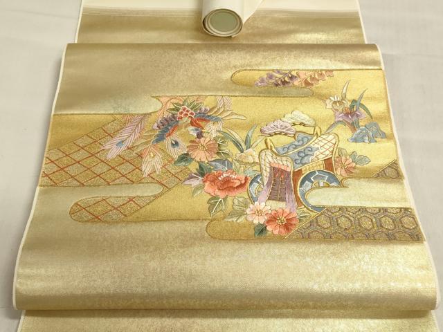 平和屋着物▼西陣 名古屋帯 帯反物 総刺繍 御所車花鳥文 金糸 引箔 証紙付き 逸品 未使用 DABI8519we