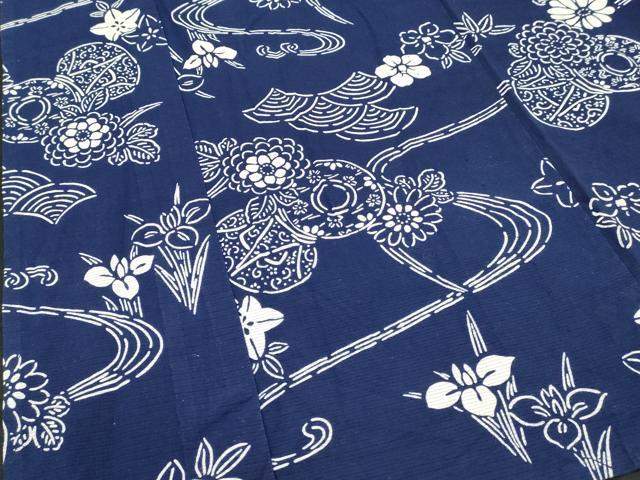 平和屋着物∴夏物 浴衣 綿絽 注染 手縫い 流水花文 鼓 綿 逸品 DABI8545cd