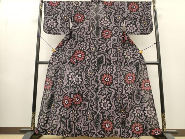 平和屋着物∴夏物 浴衣 有松鳴海絞り 草花文 黒地 綿 逸品 DABI8550cd