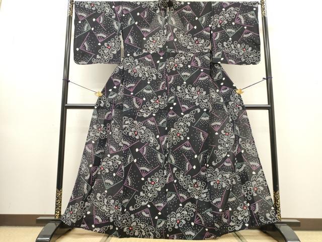 平和屋着物∴夏物 浴衣 有松鳴海絞り 扇面花文 黒地 綿 逸品 DABI8558cd