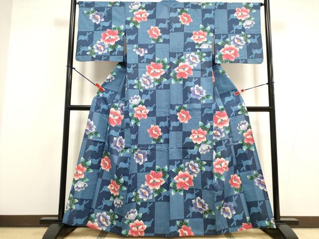 平和屋着物∴夏物 浴衣 手縫い 草花文 跳び兎 日本製 綿 逸品 DABI8581cd