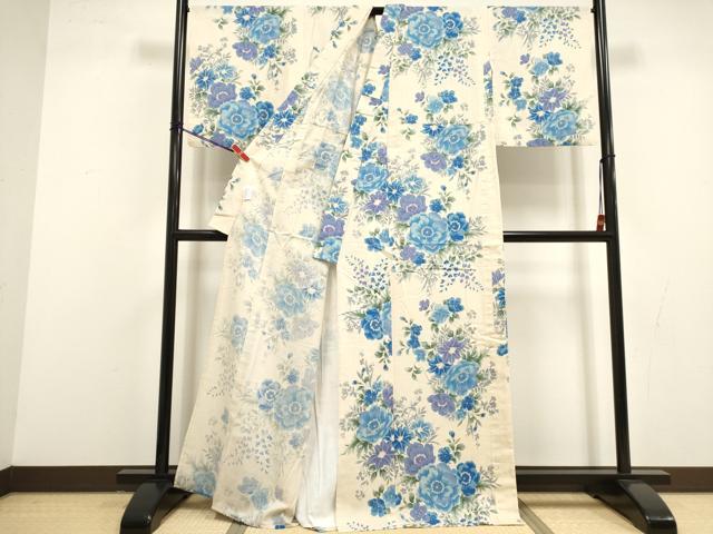 平和屋着物∴夏物 小紋・浴衣兼用 手縫い 草花文 日本製 綿麻 逸品 DABI8585cd