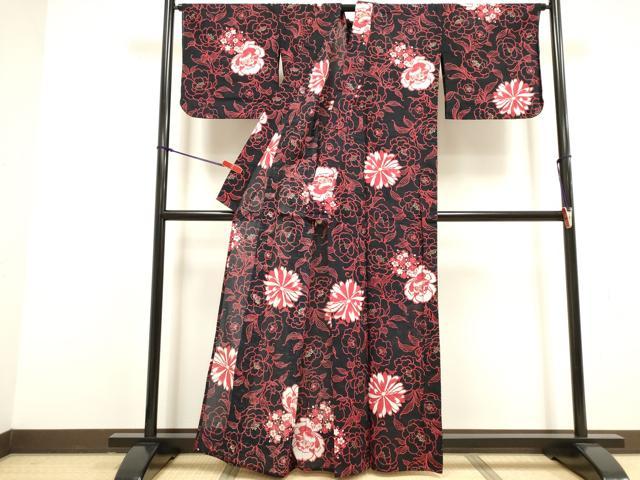 平和屋着物∴夏物 浴衣 花唐草文 黒地 綿 逸品 DABI8594cd