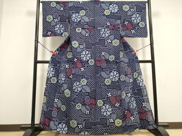 平和屋着物∴夏物 浴衣 有松鳴海絞り 扇面花文 綿 逸品 未使用 DABI8605cd