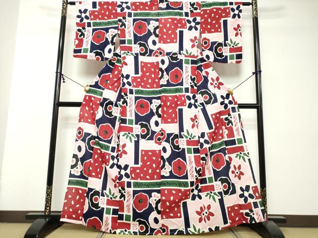 平和屋着物∴夏物 綿紅梅 浴衣 幾何学花文 綿 逸品 DABI8662cd