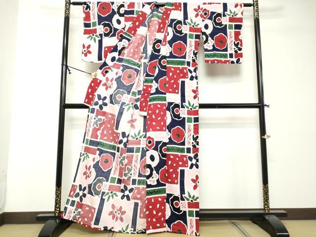 平和屋着物∴夏物 綿紅梅 浴衣 幾何学花文 綿 逸品 DABI8662cd