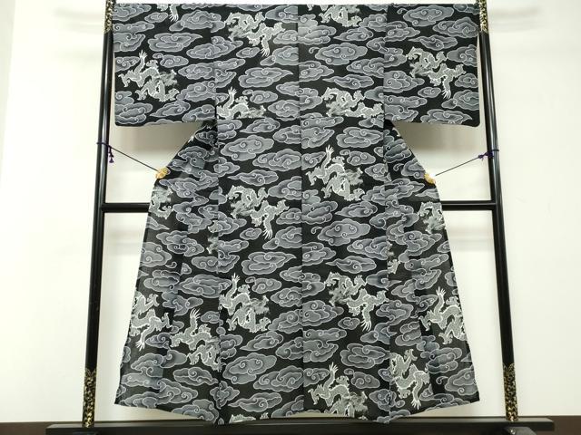 平和屋着物∴夏物 男性 小紋・浴衣兼用 龍 瑞雲 黒地 綿麻 逸品 未使用 DABI8669cd