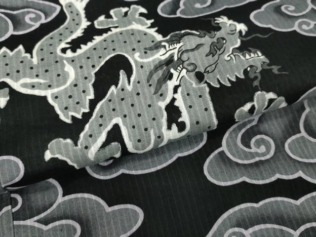 平和屋着物∴夏物 男性 小紋・浴衣兼用 龍 瑞雲 黒地 綿麻 逸品 未使用 DABI8669cd