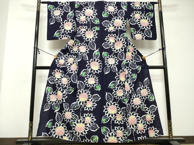 平和屋着物∴夏物 浴衣 注染 手縫い ひまわり 向日葵 綿 逸品 DABI8674cd