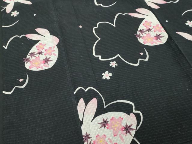 平和屋着物∴夏物 綿紅梅 浴衣 舞桜文 兎 黒地 綿 逸品 DABI8686cd