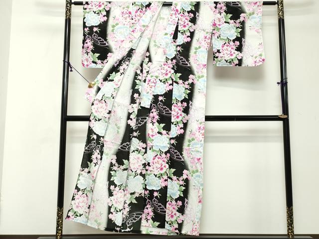 平和屋着物∴夏物 浴衣 舞蝶文 牡丹 黒地 綿 逸品 DABI8700cd
