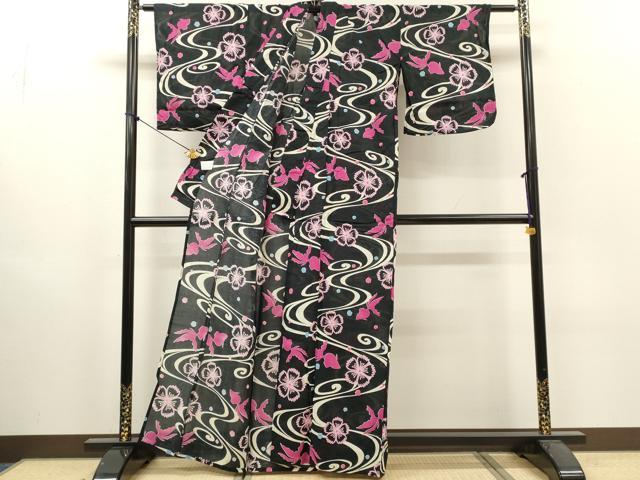 平和屋着物∴夏物 浴衣 流水花文 金魚 黒地 綿 逸品 DABI8891cd