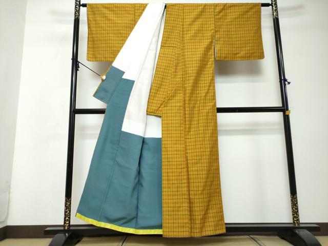 平和屋着物●黄八丈 紬 綾織 格子 正絹 逸品 DABI9008ud