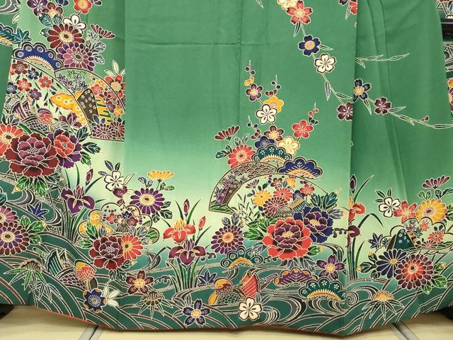 平和屋着物●豪華振袖 流水地紙花鳥文 暈し染め さが美扱い 正絹 逸品 DABI9018ud