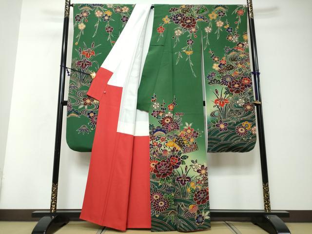 平和屋着物●豪華振袖 流水地紙花鳥文 暈し染め さが美扱い 正絹 逸品 DABI9018ud