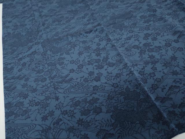 平和屋着物●上質な小紋 藍 型染め 流水草花籬文 鬼しぼ縮緬 正絹 逸品 DABI9026ud