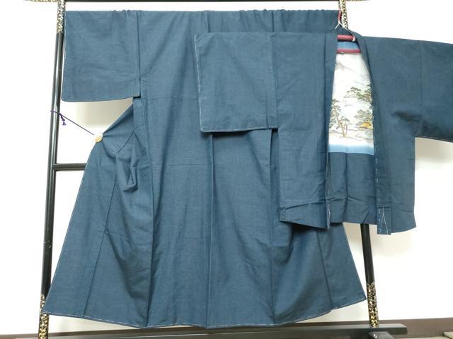 平和屋着物●男性 紬 アンサンブル 長羽織 鉄紺色 キングサイズ 正絹 逸品 未使用 DABI9033ud