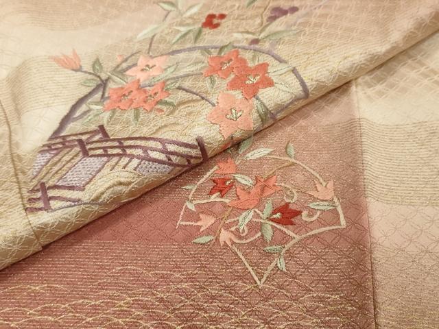 平和屋着物●訪問着 刺繍 渡橋草花文 暈し染め 金彩 正絹 逸品 DABI9046ud