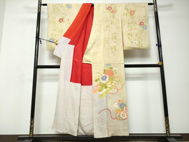 平和屋着物●アンティーク 大正ロマン 刺繍 草花文 暈し染め 正絹 逸品 DABI9056ud