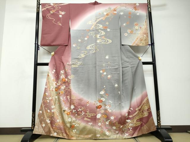 平和屋着物●訪問着 駒刺繍 流水草花文 暈し染め 金彩 正絹 逸品 DABI9061ud