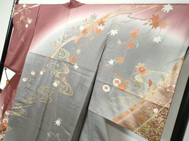 平和屋着物●訪問着 駒刺繍 流水草花文 暈し染め 金彩 正絹 逸品 DABI9061ud