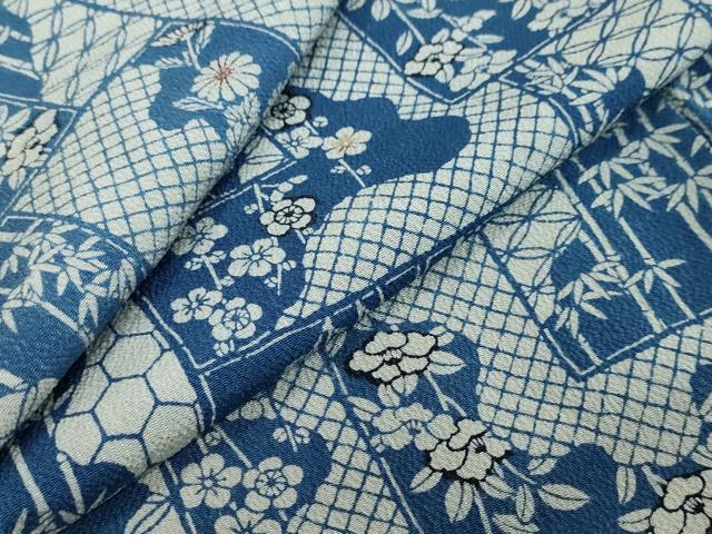 平和屋着物●上質な小紋 藍 型染め 変わり格子草花文 鬼しぼ縮緬 正絹 逸品 未使用 DABI9089ud