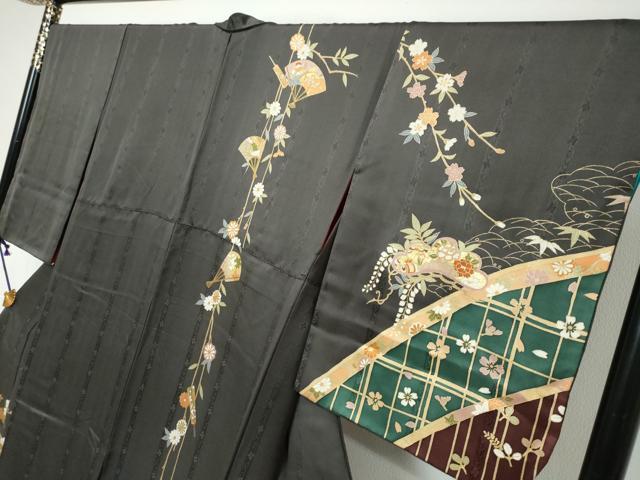 平和屋着物●訪問着 駒刺繍 扇面花蝶文 金彩 正絹 逸品 DABI9092ud