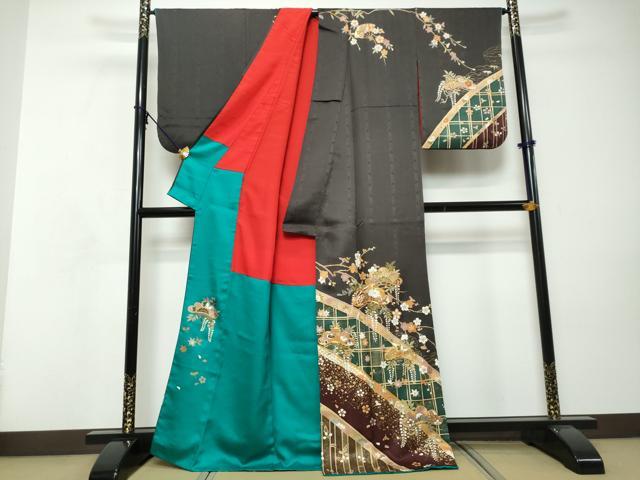 平和屋着物●訪問着 駒刺繍 扇面花蝶文 金彩 正絹 逸品 DABI9092ud