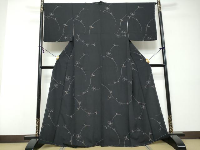 平和屋着物●上質な小紋 枝花文 黒地 正絹 逸品 未使用 DABI9104ud