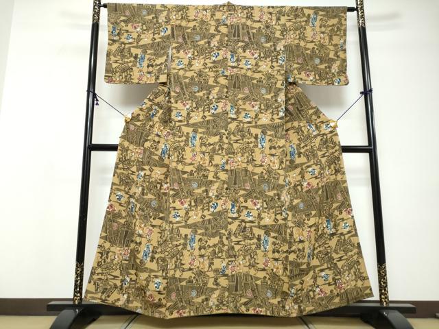 平和屋着物●上質な小紋 型染め 人物風景文 鬼しぼ縮緬 正絹 逸品 DABI9126ud