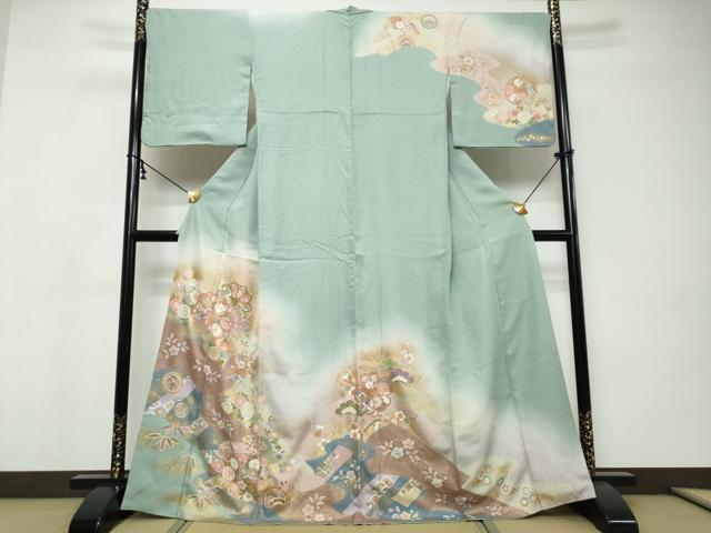 平和屋着物●訪問着 駒刺繍 地紙草花文 暈し染め 金彩 正絹 逸品 DABI9136ud