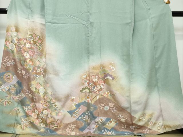 平和屋着物●訪問着 駒刺繍 地紙草花文 暈し染め 金彩 正絹 逸品 DABI9136ud