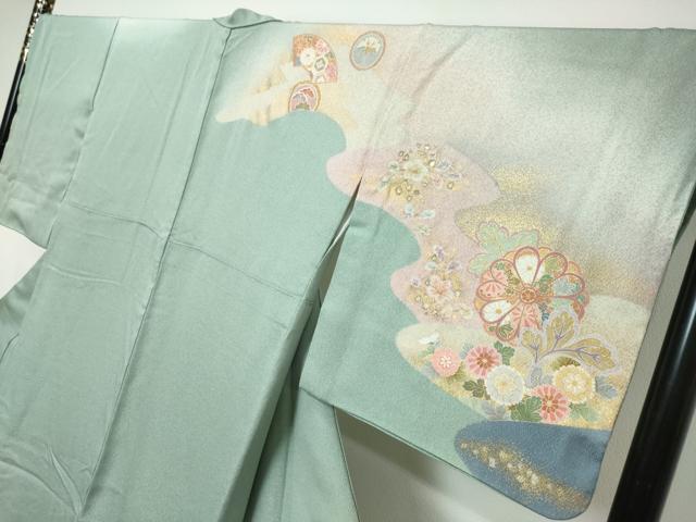 平和屋着物●訪問着 駒刺繍 地紙草花文 暈し染め 金彩 正絹 逸品 DABI9136ud